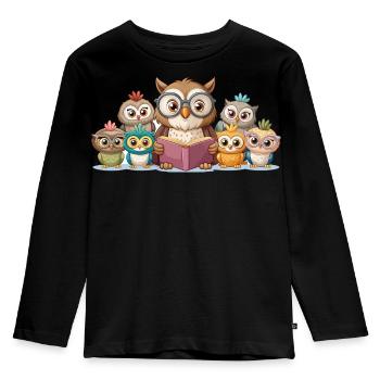 Niedliche Eulenfamilie liest gemeinsam Geschichte Kunst - Kinder Premium Bio Langarmshirt - Schwarz - Vorne - AI Model Kid Male (0cm)
