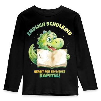 Endlich Schulkind Aquarell Dino mit Buch - grün  - Kinder Premium Bio Langarmshirt - Schwarz - Vorne - AI Model Kid Male (0cm)