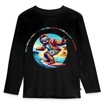 Slow Down Sloth Surf - Faultier Surf T-Shirt - Kids' Premium Longsleeve Shirt - black - Front - AI Model Kid Male (0cm)