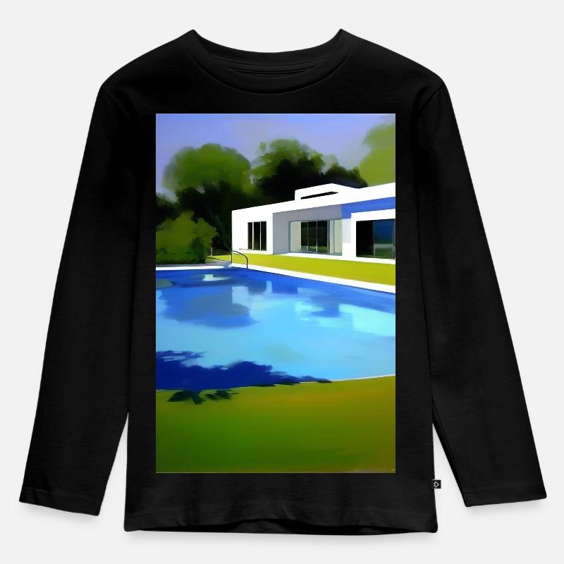 Weiße Villa mit Pool - Kinder Premium Bio Langarmshirt - Schwarz