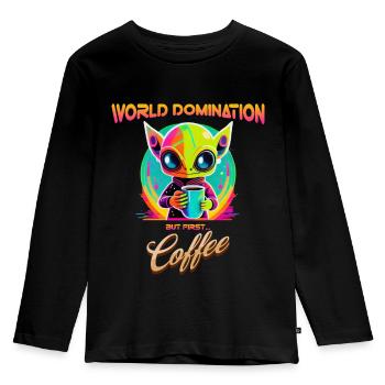 World domination, but first coffee, funny alien - Kids' Premium Longsleeve Shirt - black - Front - AI Model Kid Male (0cm)