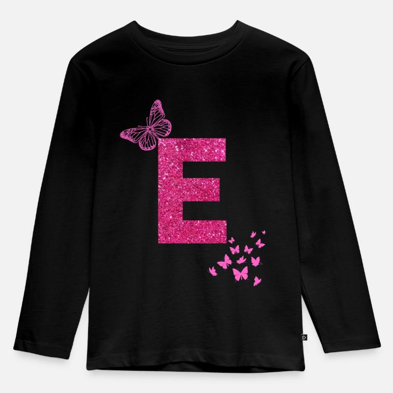 E Buchstabe pink Glitzer Schmetterlinge - Kinder Premium Bio Langarmshirt - Schwarz