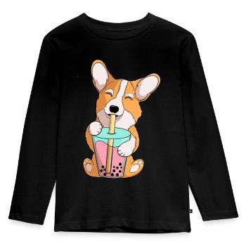 cute corgi drinking boba tea bubble tea funny - Kids' Premium Longsleeve Shirt - black - Front - AI Model Kid Male (0cm)