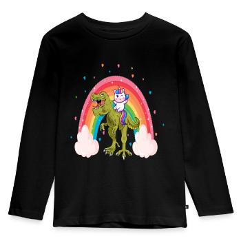 Einhorn Reiten Dinosaurier Mädchen Kinder Regenbogen Einhorn - Kinder Premium Bio Langarmshirt - Schwarz - Vorne - AI Model Kid Male (0cm)