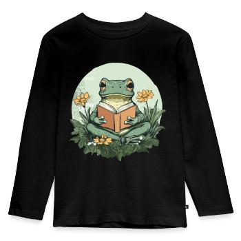 Cottagecore Frosch mit Buch - Kinder Premium Bio Langarmshirt - Schwarz - Vorne - AI Model Kid Male (0cm)