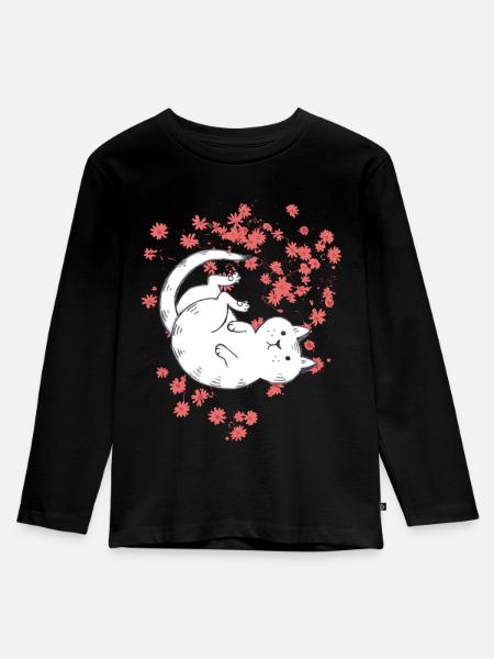 Katze mit roten Blumen - Kinder Premium Bio Langarmshirt - Schwarz