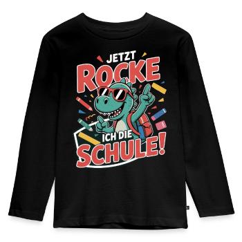 Dino T-Shirt Einschulung – Jetzt rocke ich Schule - Kinder Premium Bio Langarmshirt - Schwarz - Vorne - AI Model Kid Male (0cm)