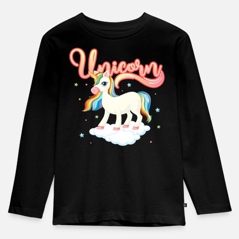Regenbogen-Einhorn auf der Wolke - Kinder Premium Bio Langarmshirt - Schwarz