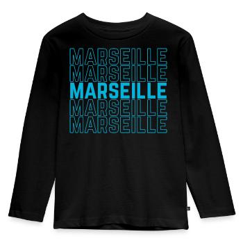 Marseille Outlined Repeat Neon Blau - Kinder Premium Bio Langarmshirt - Schwarz - Vorne - AI Model Kid Male (0cm)