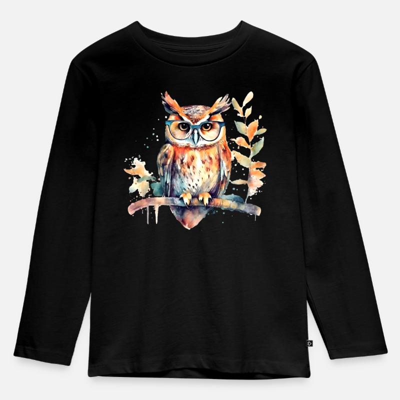 Eule mit Brille - Kinder Premium Bio Langarmshirt - Schwarz