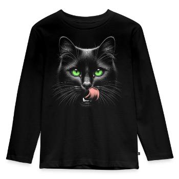 Cat with green eyes and tongue sticking out - Kids' Premium Longsleeve Shirt - black - Front - AI Model Kid Male (0cm)
