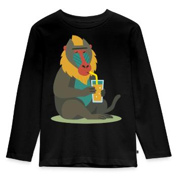 bunter Mandrill genießt entspannt ein Glas Saft - Kinder Premium Bio Langarmshirt - Schwarz - Vorne - AI Model Kid Male (0cm)