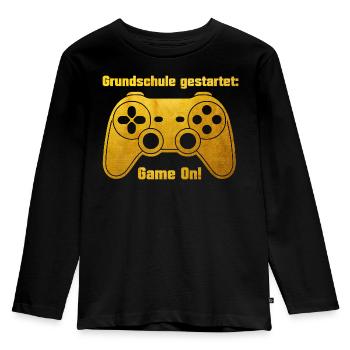 Einschulung - Game on - Spielkonsole - goldfarben - Kinder Premium Bio Langarmshirt - Schwarz - Vorne - AI Model Kid Male (0cm)