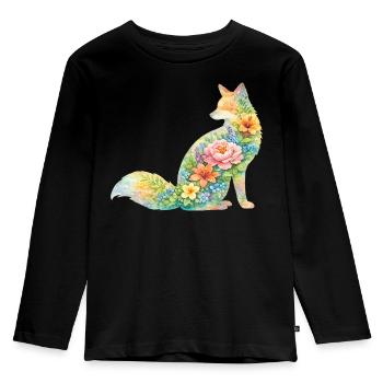 Fuchs Aquarell Silhouette Blumen - Kinder Premium Bio Langarmshirt - Schwarz - Vorne - AI Model Kid Male (0cm)