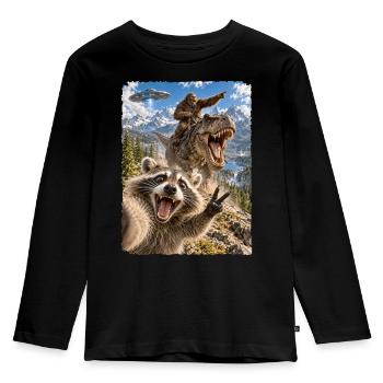 Lustiges Waschbär Selfie mit Bigfoot, T-Rex, UFO - Kinder Premium Bio Langarmshirt - Schwarz - Vorne - AI Model Kid Male (0cm)
