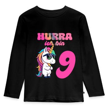 9 Jahre Kinder Geburtstag Einhorn -Hurra ich bin 9 - Kinder Premium Bio Langarmshirt - Schwarz - Vorne - AI Model Kid Male (0cm)