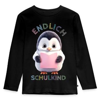 Kleiner Pinguin rosa | Endlich Schulkind - Kinder Premium Bio Langarmshirt - Schwarz - Vorne - AI Model Kid Male (0cm)