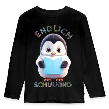 Niedlicher Pinguin mit Buch blau Endlich Schulkind - Kinder Premium Bio Langarmshirt - Schwarz - Vorne - AI Model Kid Male (0cm)