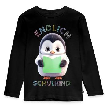 Niedlicher Pinguin mit Buch grün Endlich Schulkind - Kinder Premium Bio Langarmshirt - Schwarz - Vorne - AI Model Kid Male (0cm)