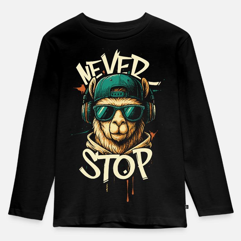 Llama DJ Never Stop - Kinder Premium Bio Langarmshirt - Schwarz