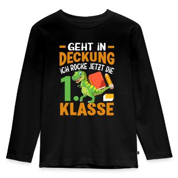 1. Klasse Einschulung Schulanfang Dino - Kinder Premium Bio Langarmshirt - Schwarz - Vorne - AI Model Kid Male (0cm)