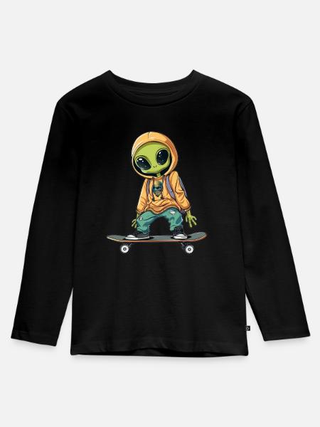 Skateboard-Alien in Orange - Kinder Premium Bio Langarmshirt - Schwarz