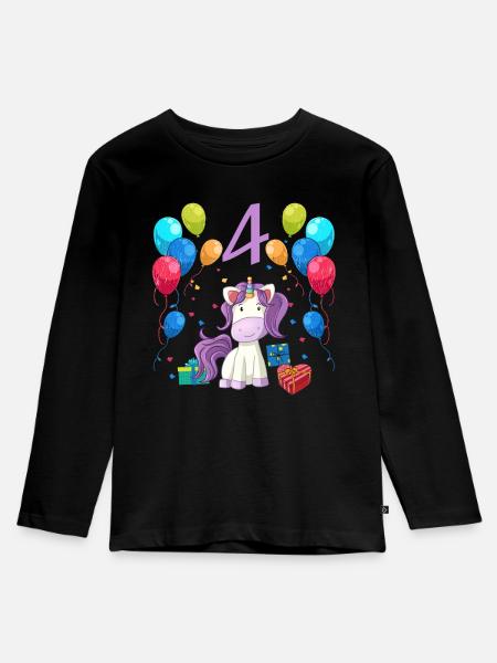 Geburtstagsshirt Einhorn Mädchen 4 Jahre - Kinder Premium Bio Langarmshirt - Schwarz