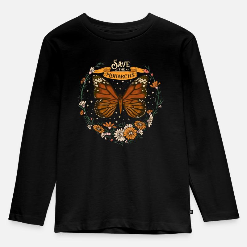Floral Save The Monarchs Butterfly Art - Kinder Premium Bio Langarmshirt - Schwarz