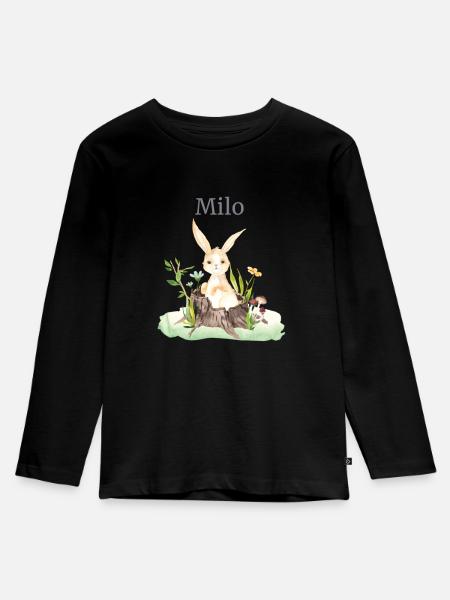 Skovdyr Hjorte Hare Pindsvin Blomster Navn Milo - Premium økologisk langærmet T-shirt til børn - sort