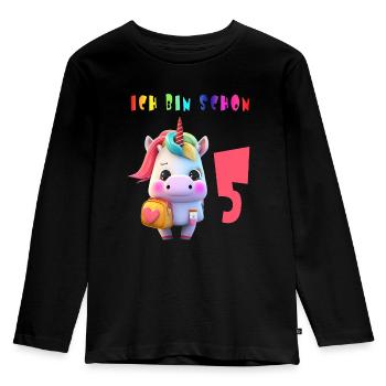 Ich bin schon 5 Süsses Einhorn mit Rucksack Motiv - Kinder Premium Bio Langarmshirt - Schwarz - Vorne - AI Model Kid Male (0cm)