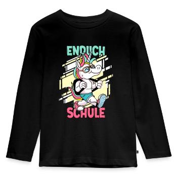 Endlich Schule 1. Klasse Schulkind - Kinder Premium Bio Langarmshirt - Schwarz - Vorne - AI Model Kid Male (0cm)