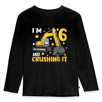I'm 6 And Crushing It Boys 6th Birthday Excavator - Kinder Premium Bio Langarmshirt - Schwarz - Vorne - AI Model Kid Male (0cm)