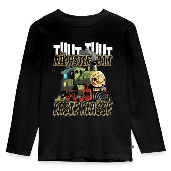 Nächste Haltestelle Erste Klasse - Kids Lokomotive - Kinder Premium Bio Langarmshirt - Schwarz - Vorne - AI Model Kid Male (0cm)