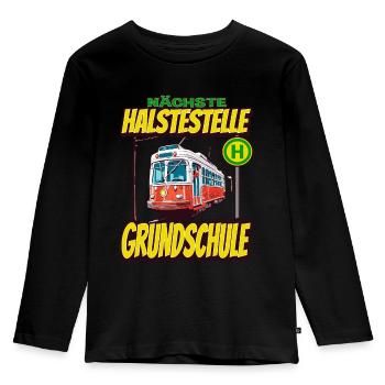Nächste Haltestelle Grundschule - Kids Straßenbahn - Kinder Premium Bio Langarmshirt - Schwarz - Vorne - AI Model Kid Male (0cm)