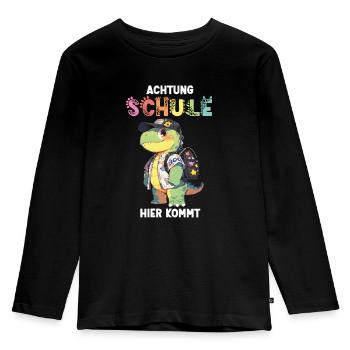 Einschulung Personalisierbar Name Dino Schule - Kinder Premium Bio Langarmshirt - Schwarz - Vorne - AI Model Kid Male (0cm)