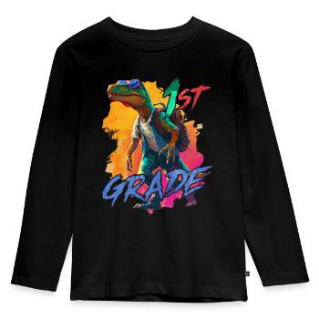 Dino Schulranzen 1. Klasse Einschulung Junge - Kinder Premium Bio Langarmshirt - Schwarz - Vorne - AI Model Kid Male (0cm)