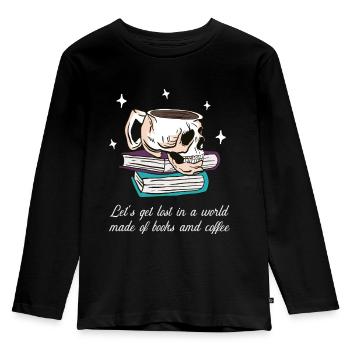 Immersion between book pages and coffee - Kids' Premium Longsleeve Shirt - black - Front - AI Model Kid Male (0cm)