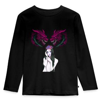 Mädchen Frau Drachen Fantasy Fabel Fabelwesen - Kinder Premium Bio Langarmshirt - Schwarz - Vorne - AI Model Kid Male (0cm)