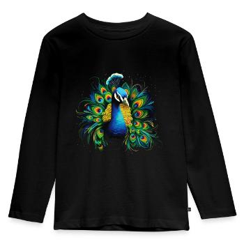 Pfau Pfauenfeder Exotisch Farbenfroh Bunt Kunst - Kinder Premium Bio Langarmshirt - Schwarz - Vorne - AI Model Kid Male (0cm)
