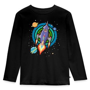 Fusée dans l’espace avec des planètes et des étoiles - T-shirt manches longues Premium Enfant - noir - Devant - AI Model Kid Male (0cm)