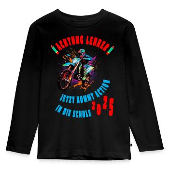 Einschulung - Motorrad - Achtung Lehrer! - 2025 - Kinder Premium Bio Langarmshirt - Schwarz - Vorne - AI Model Kid Male (0cm)