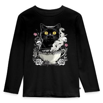 Mystical: Cat with skull coffee - Kids' Premium Longsleeve Shirt - black - Front - AI Model Kid Male (0cm)