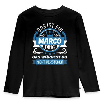 Marco Name Vorname Namenstag Namensgeschenk - Kinder Premium Bio Langarmshirt - Schwarz - Vorne - AI Model Kid Male (0cm)