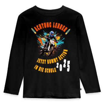 Einschulung 2025 - Motorrad - Achtung Lehrer! - Kinder Premium Bio Langarmshirt - Schwarz - Vorne - AI Model Kid Male (0cm)