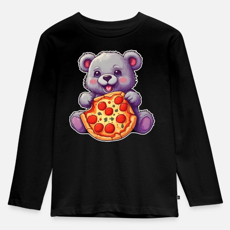Teddy loves Pizza - Kinder Premium Bio Langarmshirt - Schwarz