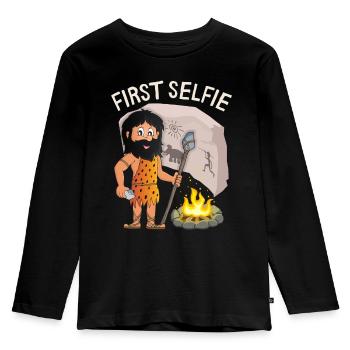 Funny Neanderthal, First Selfie, Saying, Pun - Kids' Premium Longsleeve Shirt - black - Front - AI Model Kid Male (0cm)