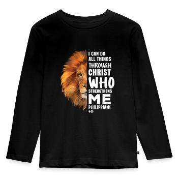 I Can Do All Things Through Christ Religiöser Löwe - Kinder Premium Bio Langarmshirt - Schwarz - Vorne - AI Model Kid Male (0cm)