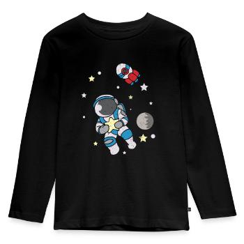 Astronaut fliegt schwerelos im Raumanzug - Kinder Premium Bio Langarmshirt - Schwarz - Vorne - AI Model Kid Male (0cm)