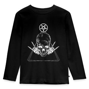 Metalskull mit Satankreuz Totenkopf und Devil Horn - Kinder Premium Bio Langarmshirt - Schwarz - Vorne - AI Model Kid Male (0cm)