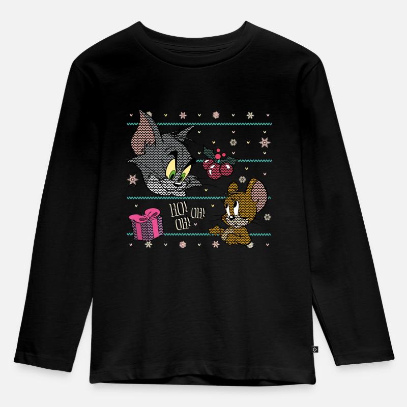 Tom und Jerry Ugly X-Mas Ho! Oh! Oh! - Kinder Premium Bio Langarmshirt - Schwarz